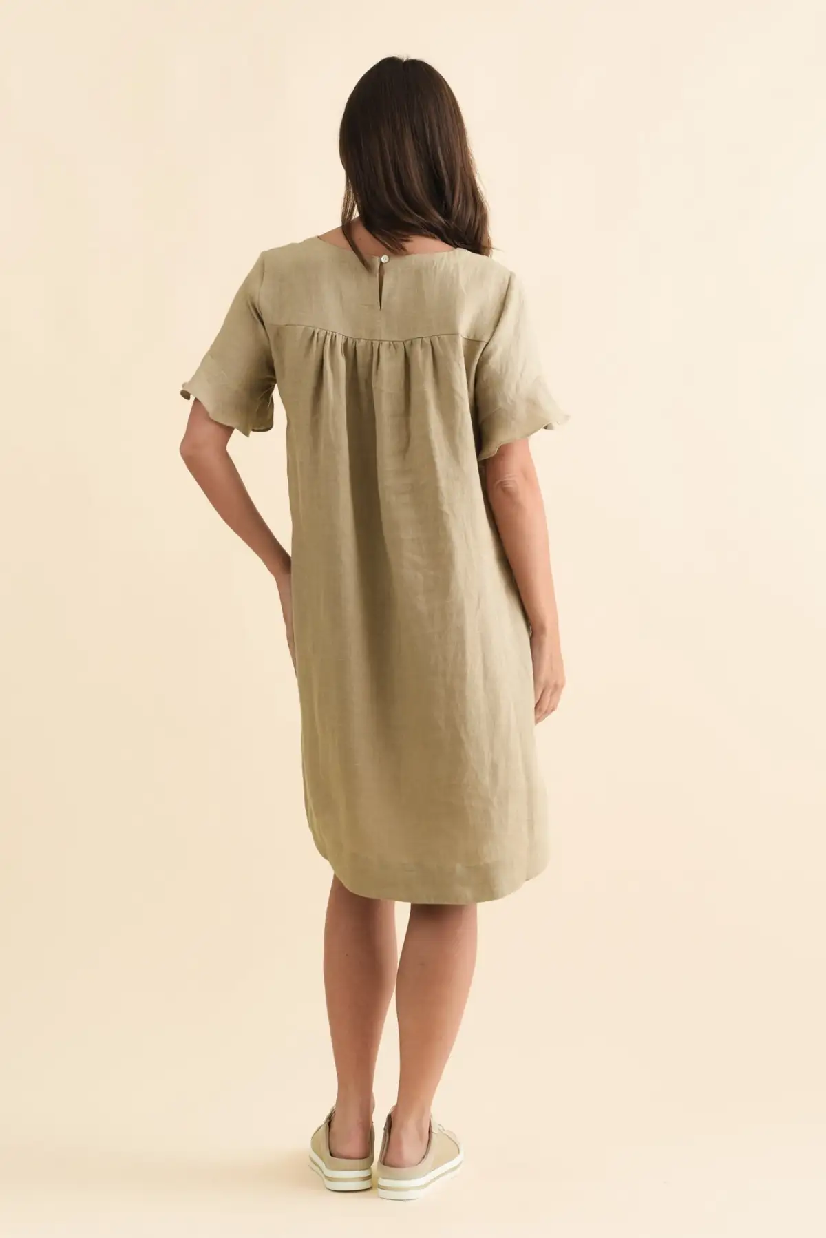 Linen Pocket Round-Neck Half-Sleeve A-Line Relaxed Above-Knee Dress