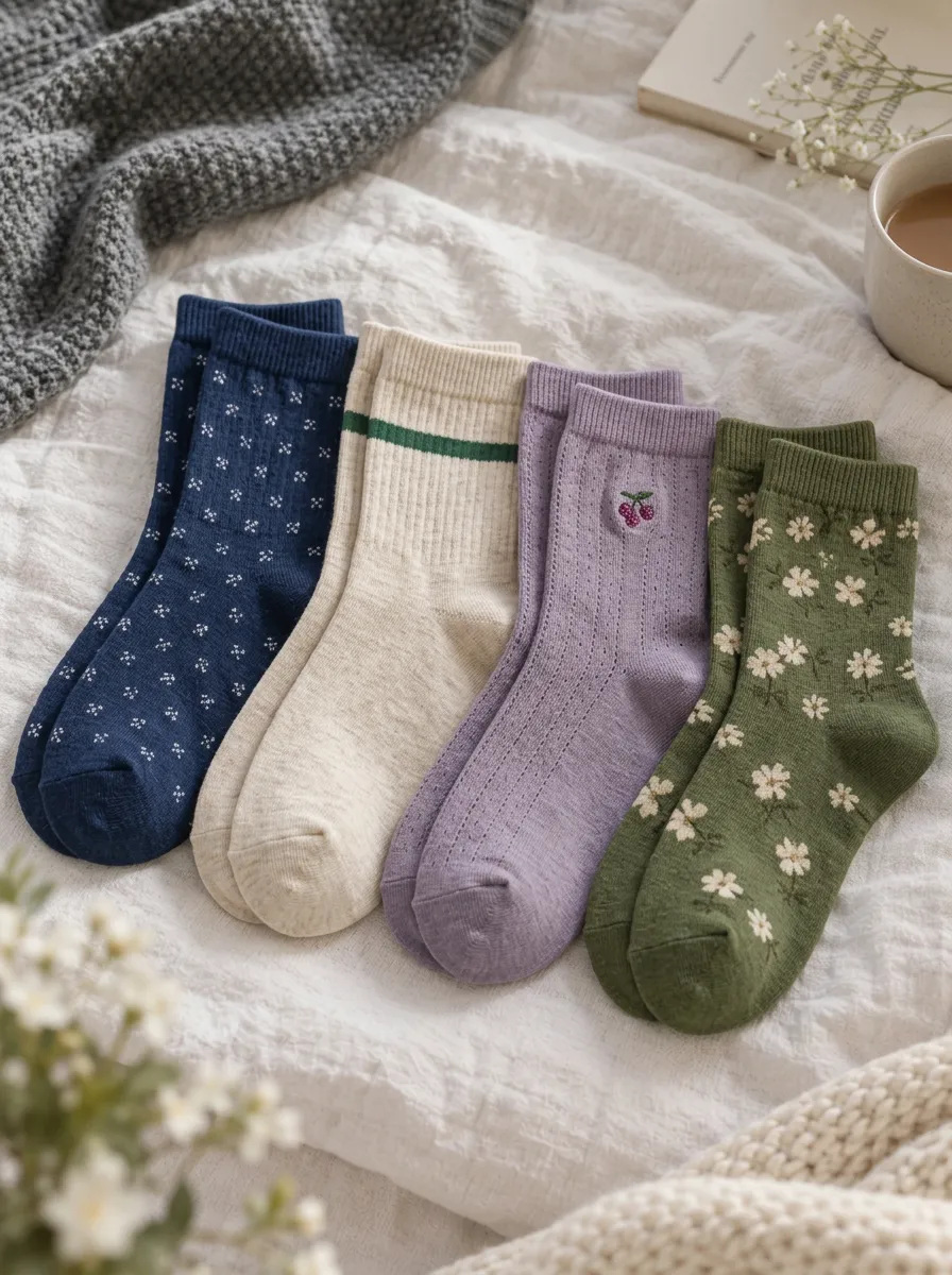 Women's Vintage Floral Cherry Printed Cotton Crew Socks Set