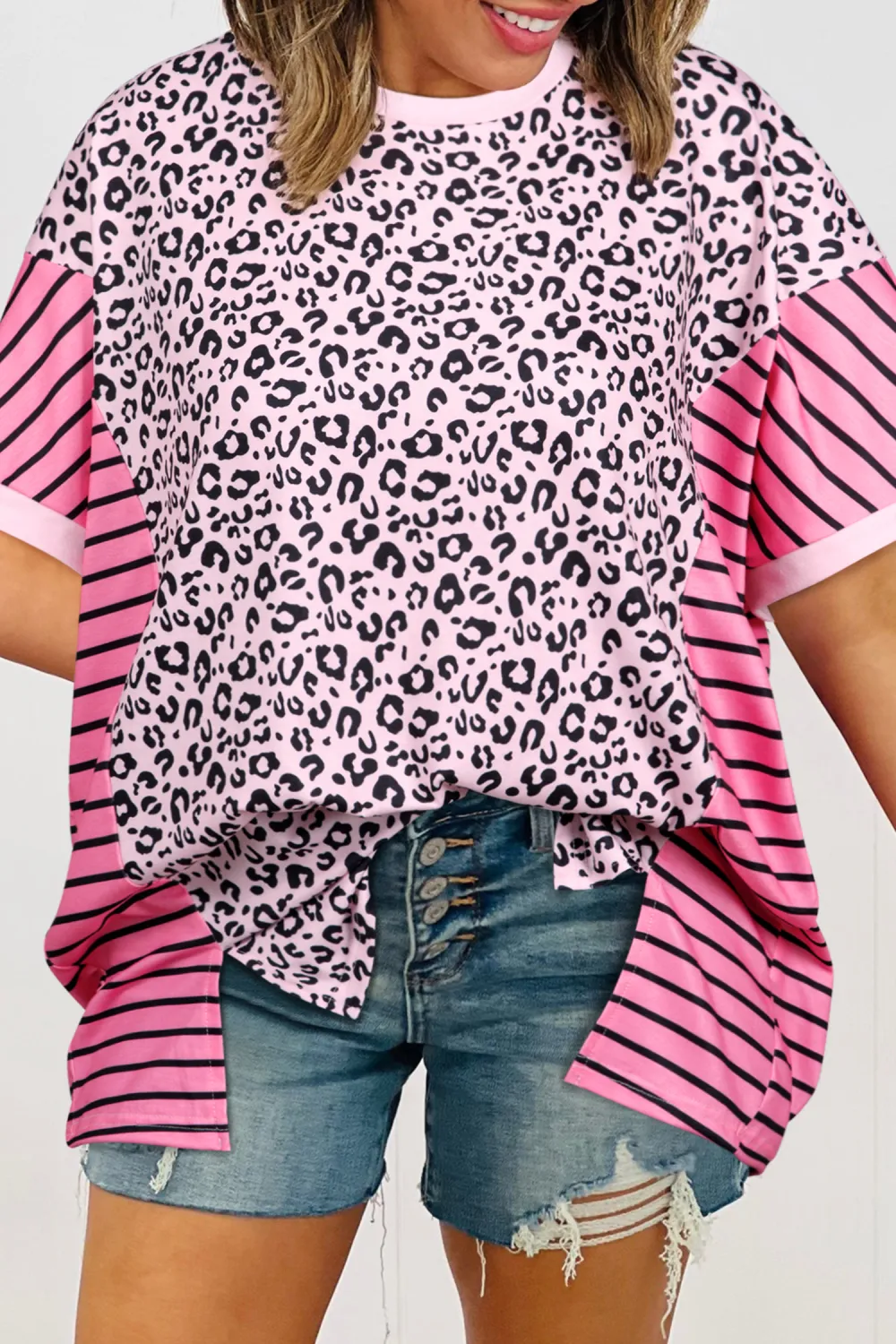 Pink Leopard Striped Patchwork Side Top