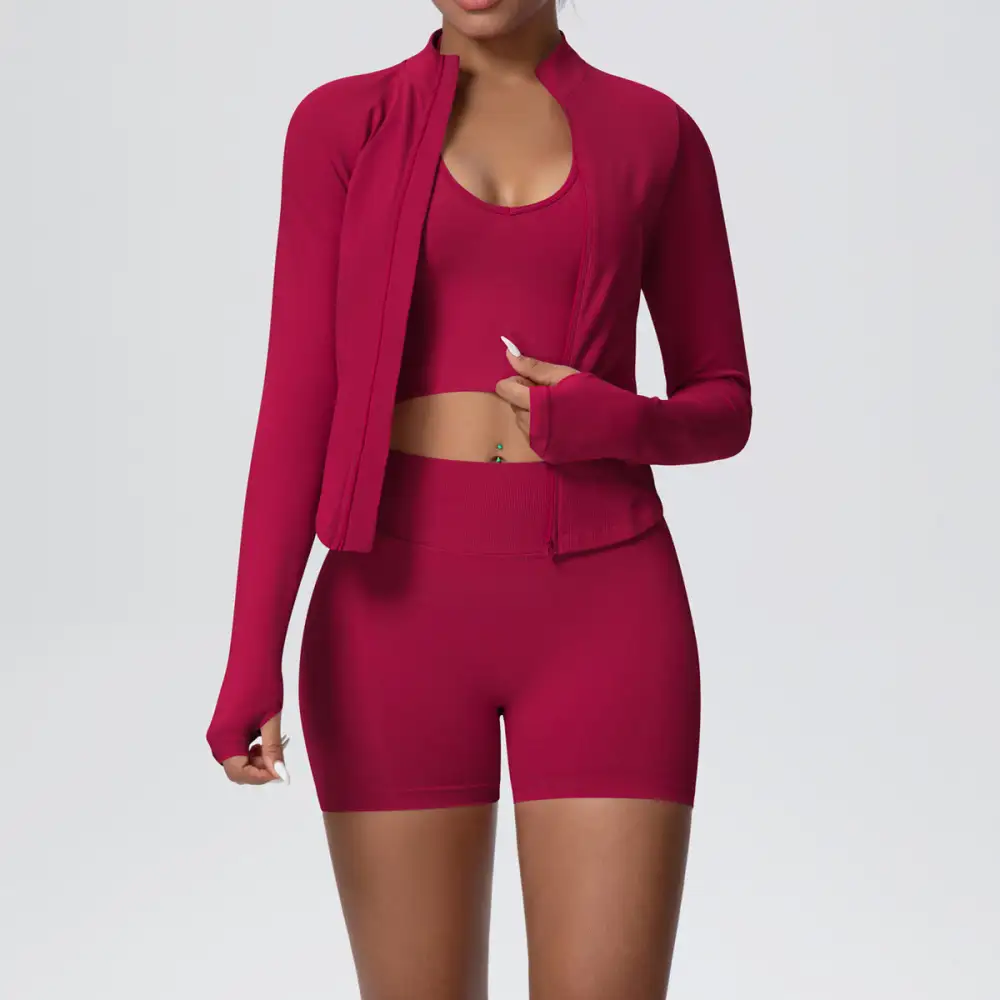 Long-Sleeve High-Waist Jacket, Bra and Vest Active Set