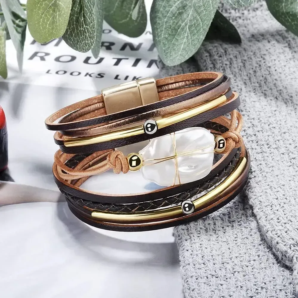 Fesciory Leather Wrap Bracelets for Women, Boho Leopard Multi-Layer Crystal Beads Cuff Bracelet Jewelry