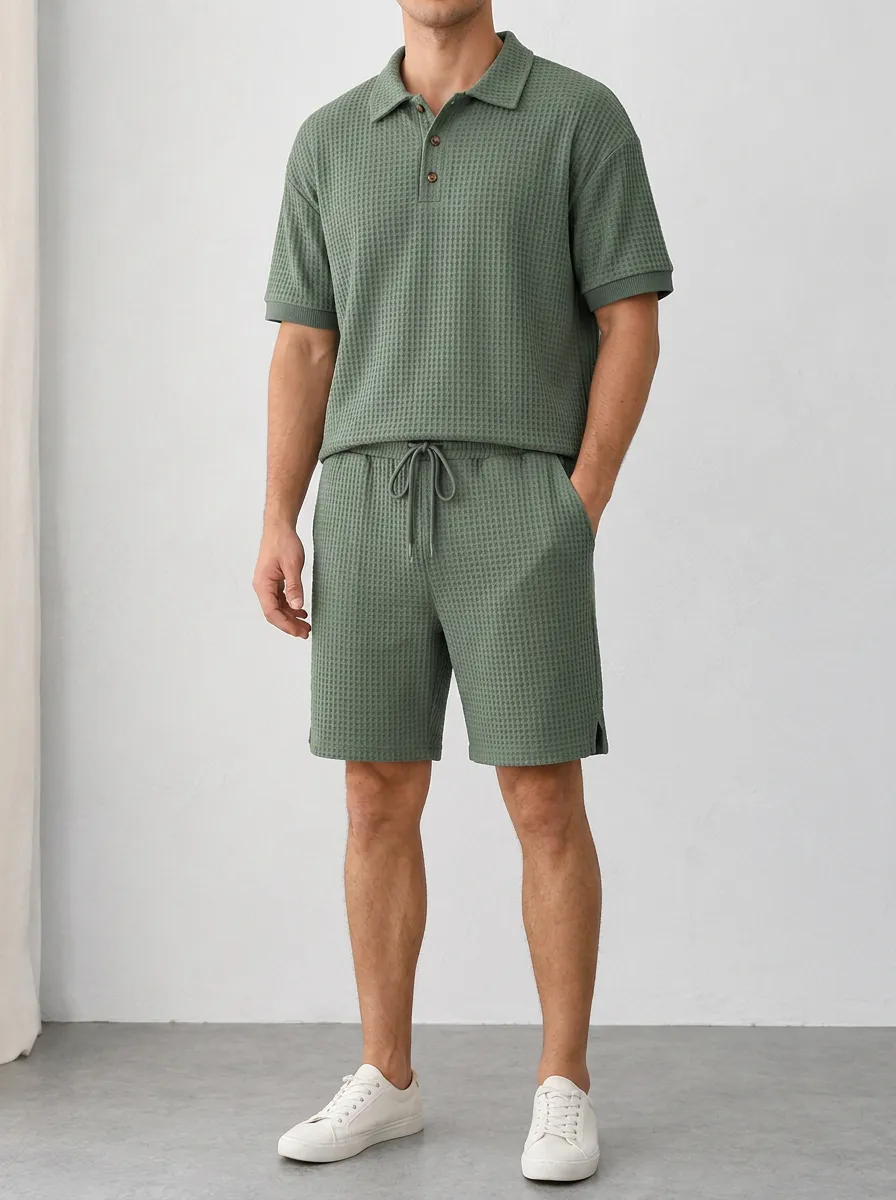 Men's Relaxed Waffle Knit Button Polo Shirt
