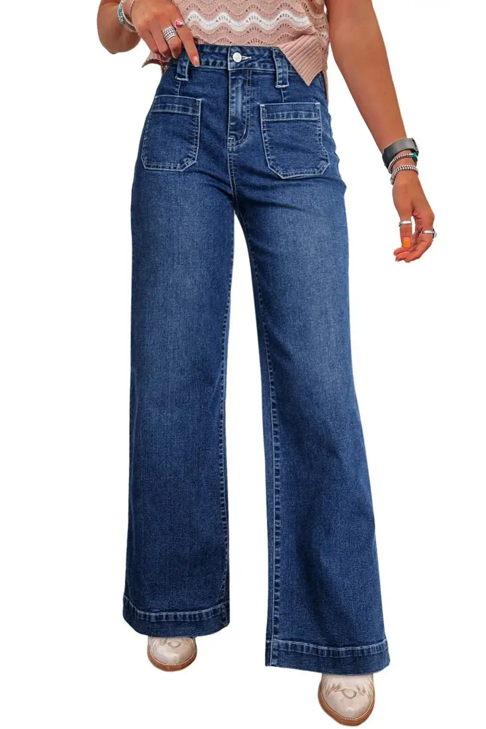 High Waist Relaxed Fit Wide Leg Pocketed Casual Jeans