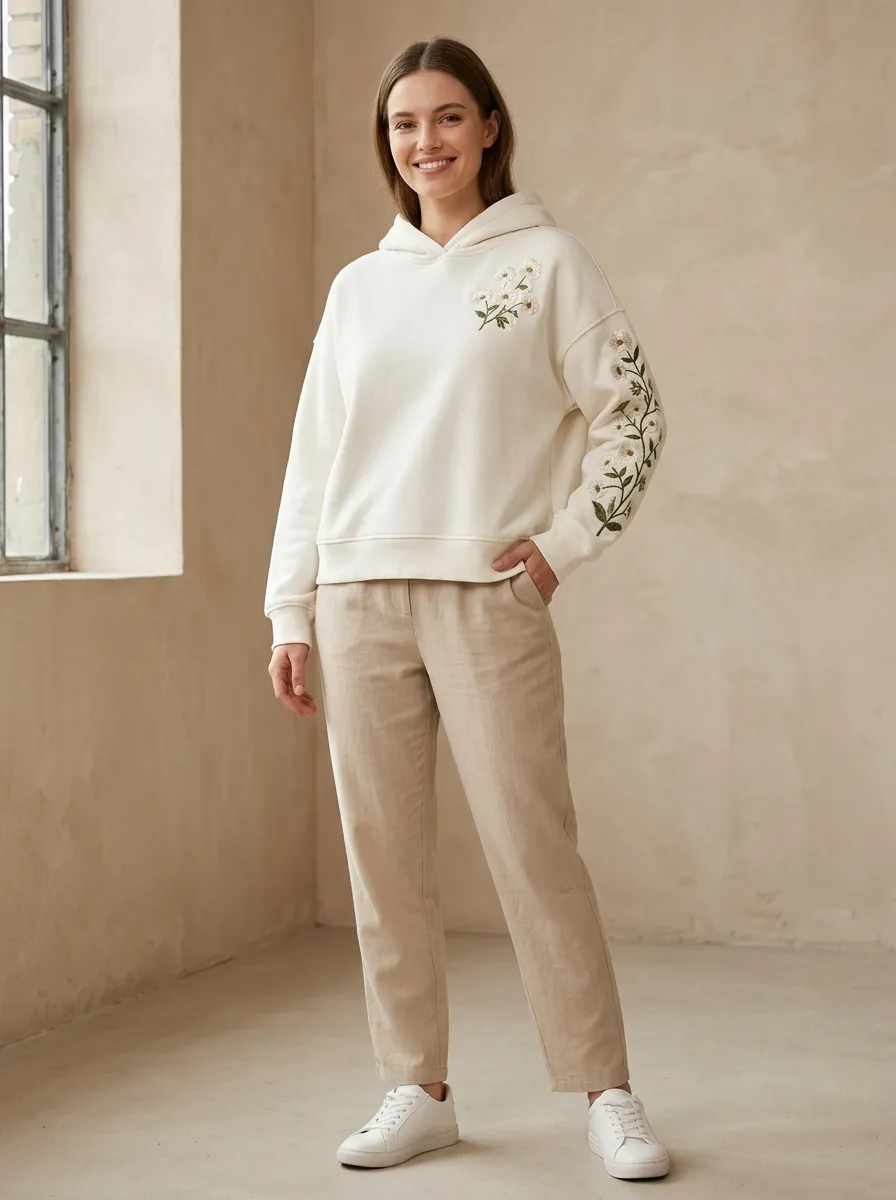 Women's Floral Daisy Embroidered Graphic Casual Comfort Hoodie