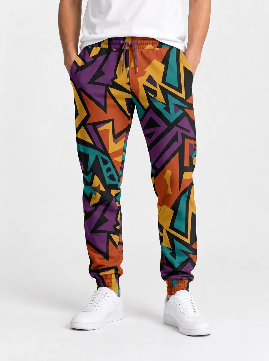 Men's Printed Joggers with Abstract Geometric Artwork