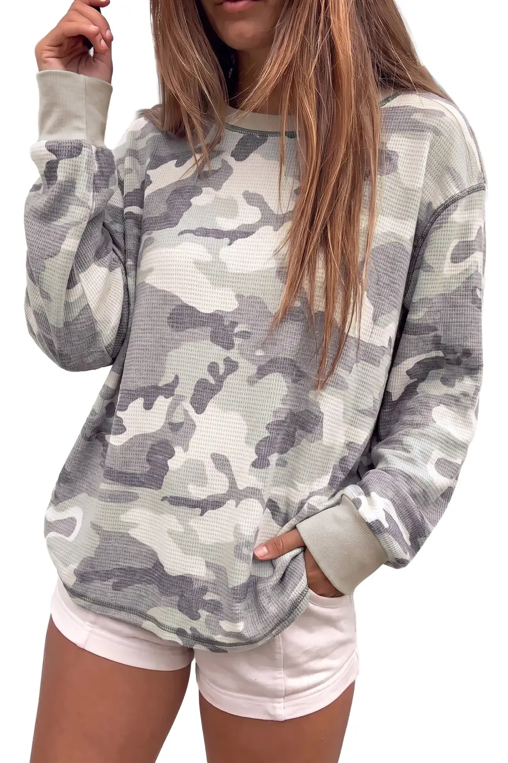 Women's Camouflage Print Textured Knit Long Sleeve Top