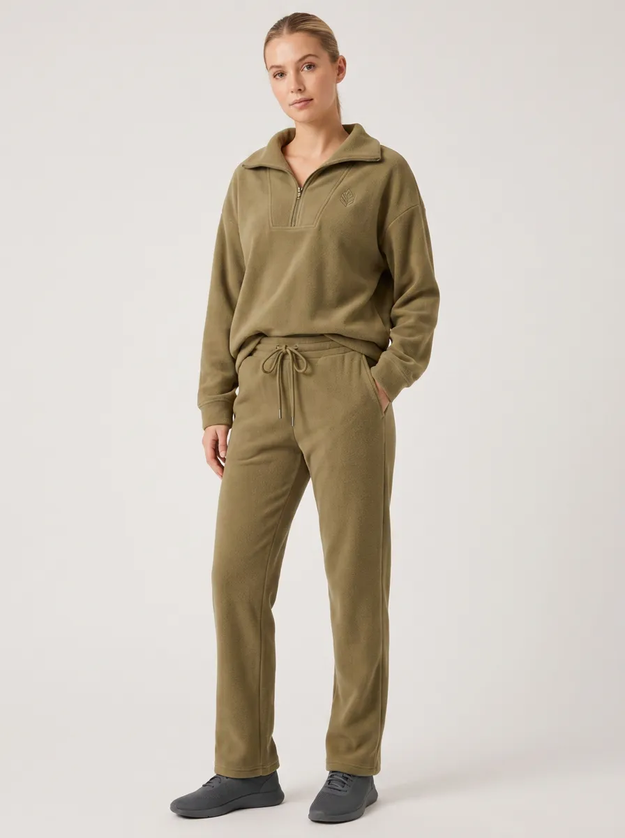 Women's Olive Fleece Quarter-Zip Embroidered Lounge Set