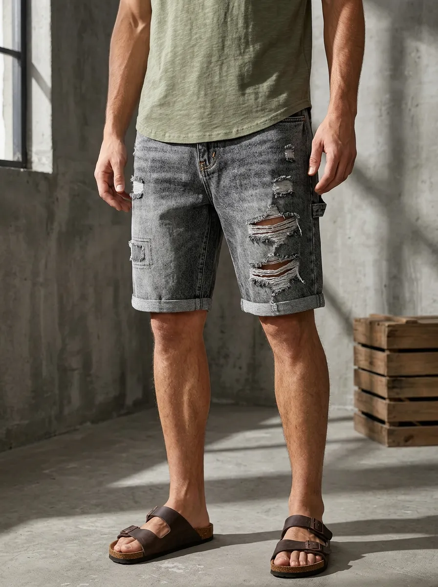 Men's Casual Distressed Grey Denim Ripped Shorts
