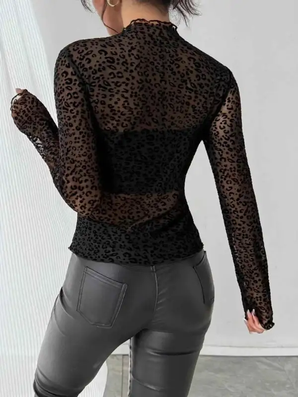 Leopard Printed Mesh Long Sleeve T-Shirt