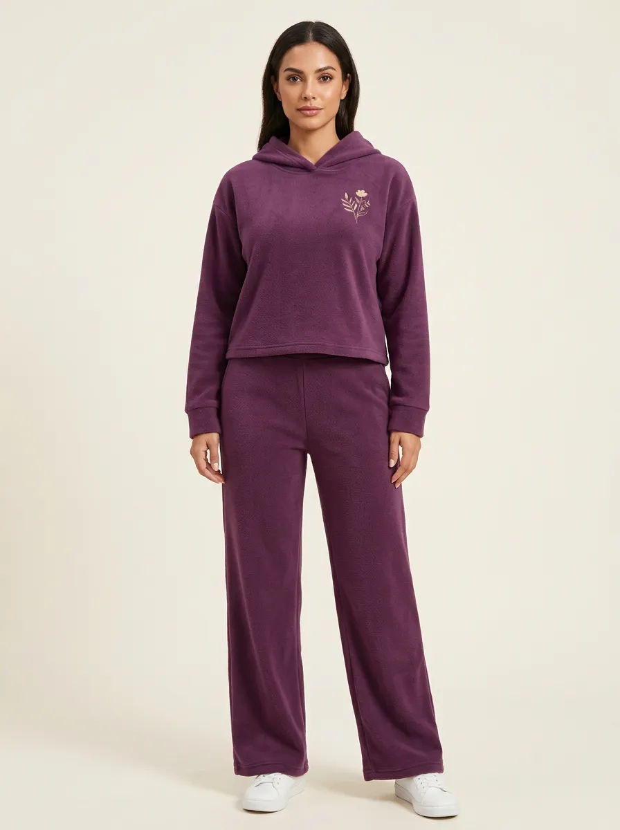Women's Floral Embroidered Hoodie Wide-Leg Warm Lounge Set