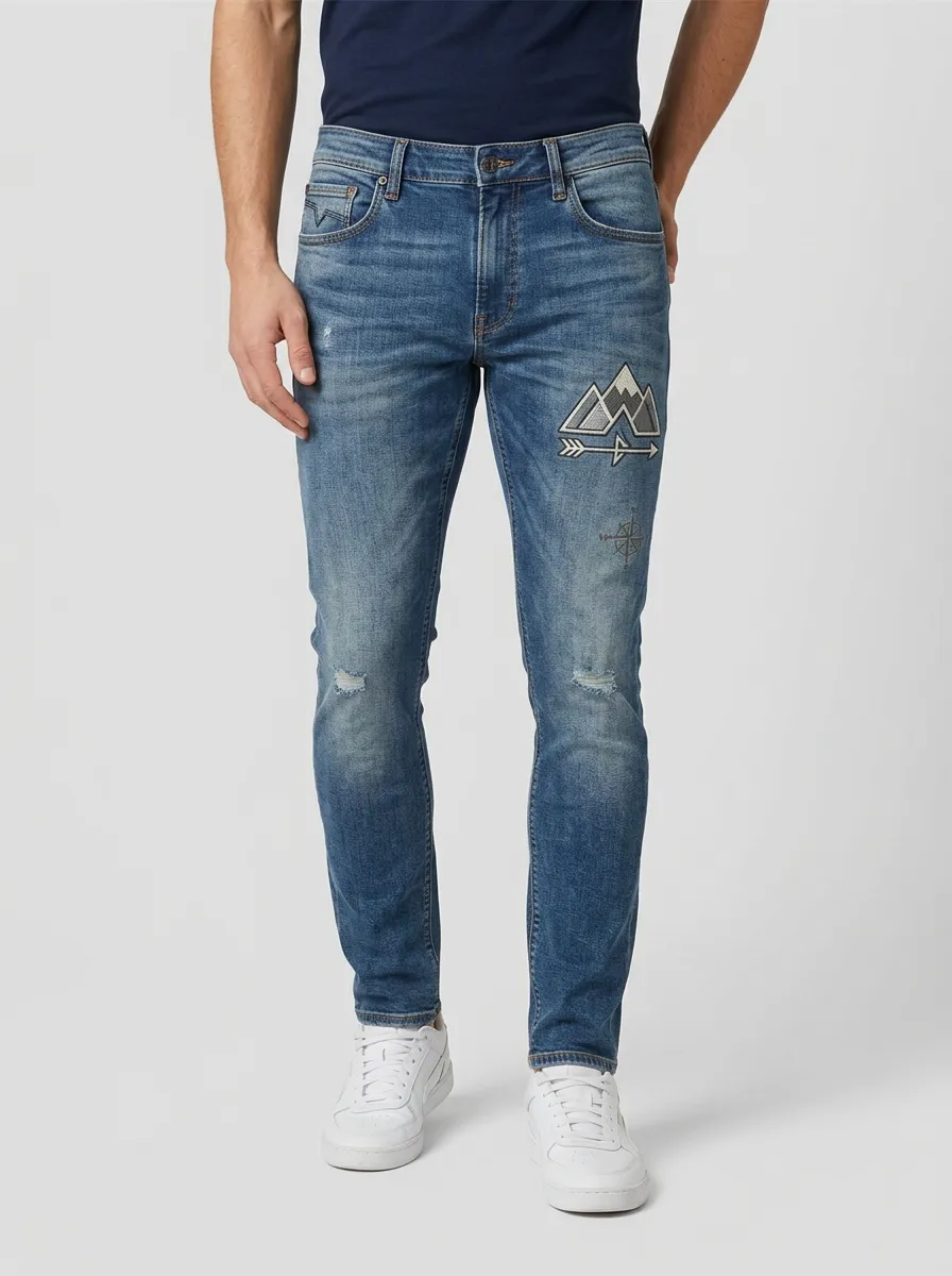 Men's Mountain Adventure Compass Printed Slim-Fit Jeans