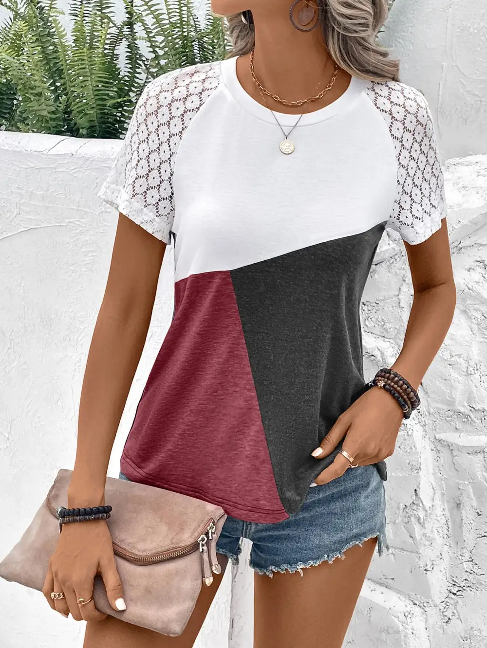 Color Block Raglan Sleeve Round Neck T-Shirt