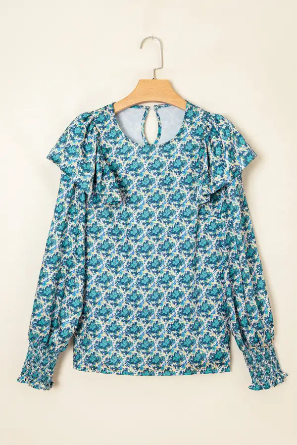 Green Abstract Print Shirred Cuff Puff Sleeve Blouse