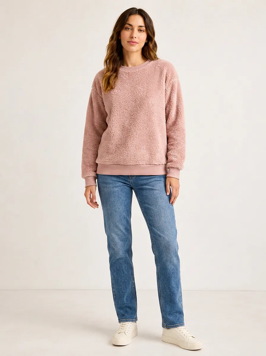 Women's Casual Pink Faux Fur Fleece Pullover Sweatshirt