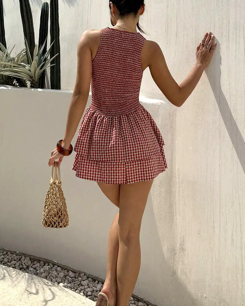 Smocked Gingham Sleeveless Ruffle Mini Dress
