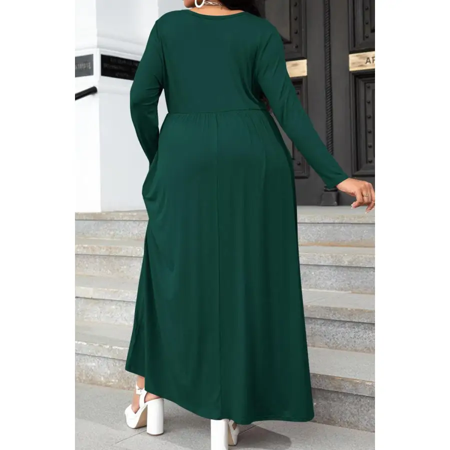 Plus Size Round Neck Long Sleeve Maxi Dress with Pockets