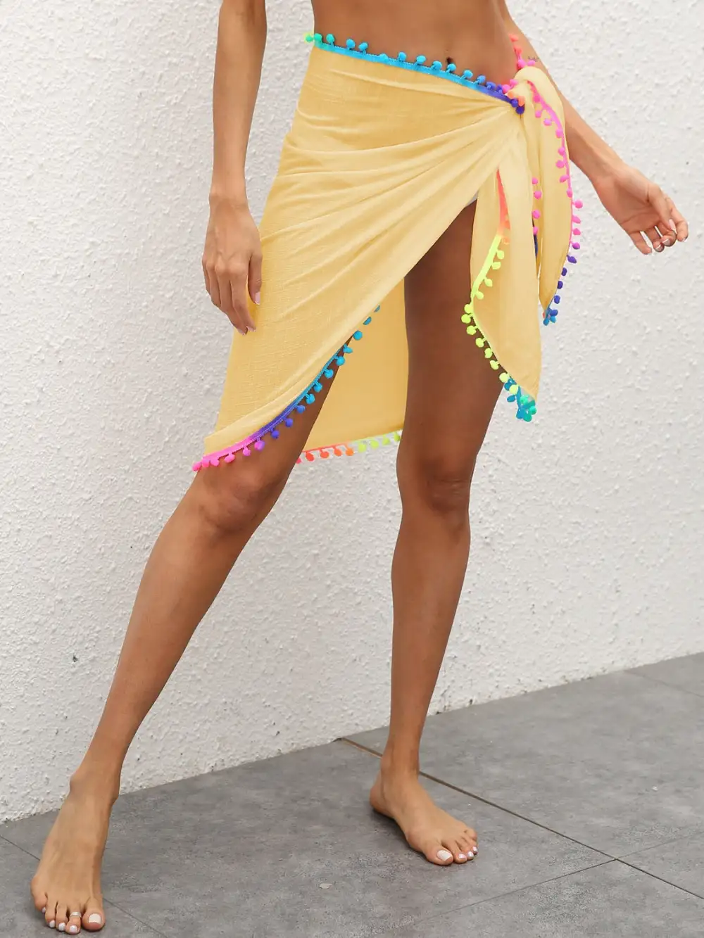 Rainbow Pompom Trim Skirt Swim Dress