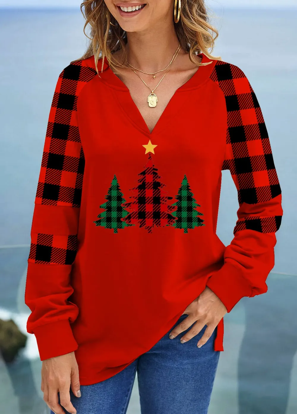 Long Sleeve Split Neck Contrast Sweatshirt