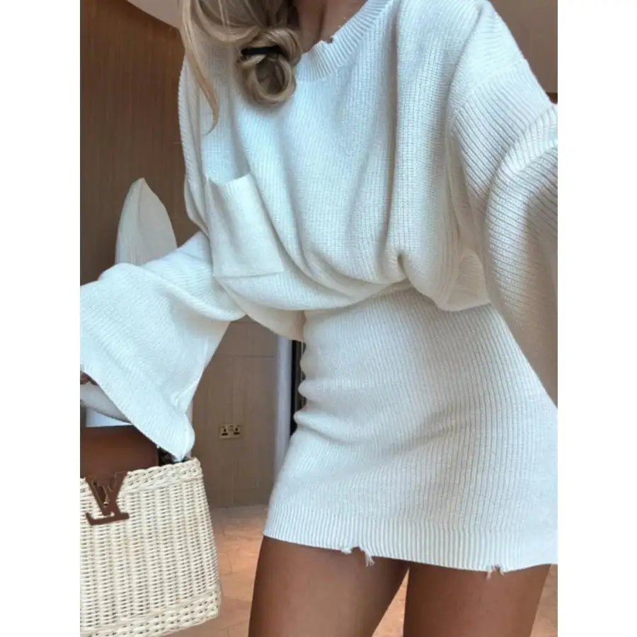 Ribbed Knit Long Sleeve Top and Skirt Sweater Set