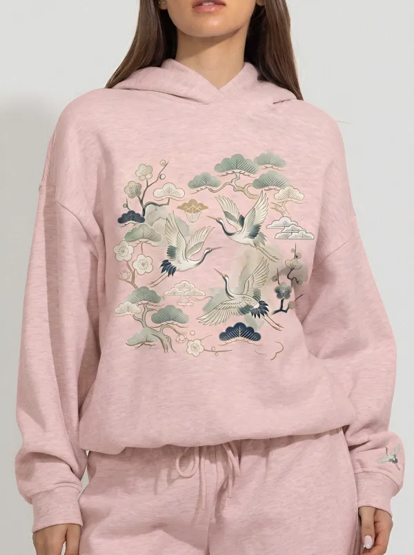 Women's Japanese Art Lover Red-Crowned Crane Pine Printed Hoodie