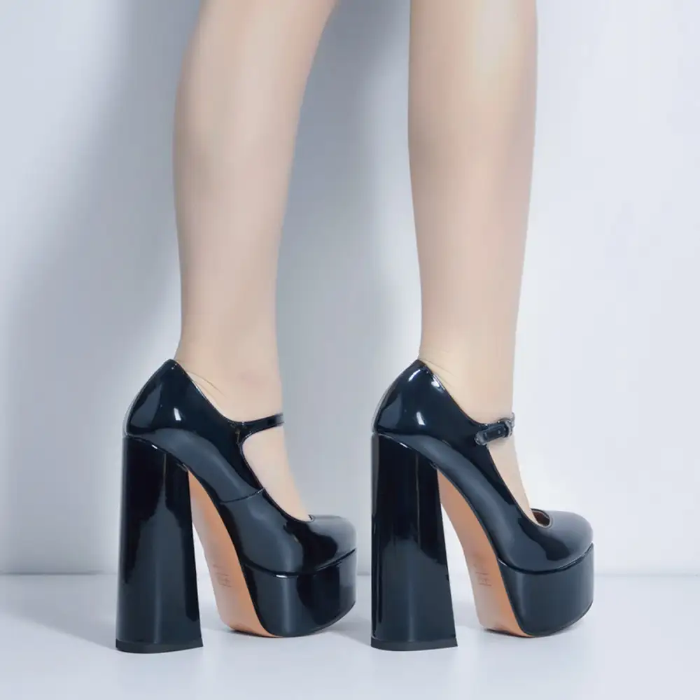 Sleek Patent Finish Round Toe Platform Chunky Heel Pumps