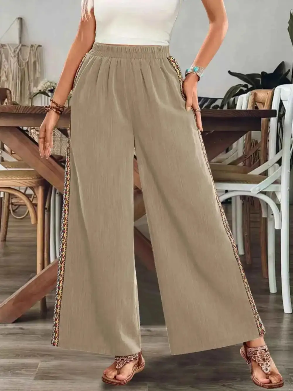 Bohemian Wide-Leg Embroidered Side Stripe Pants