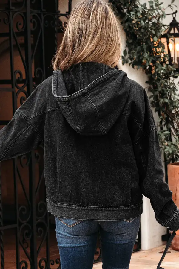 Women's Big Chest Pocket Drop Shoulder Hooded Denim Jacket