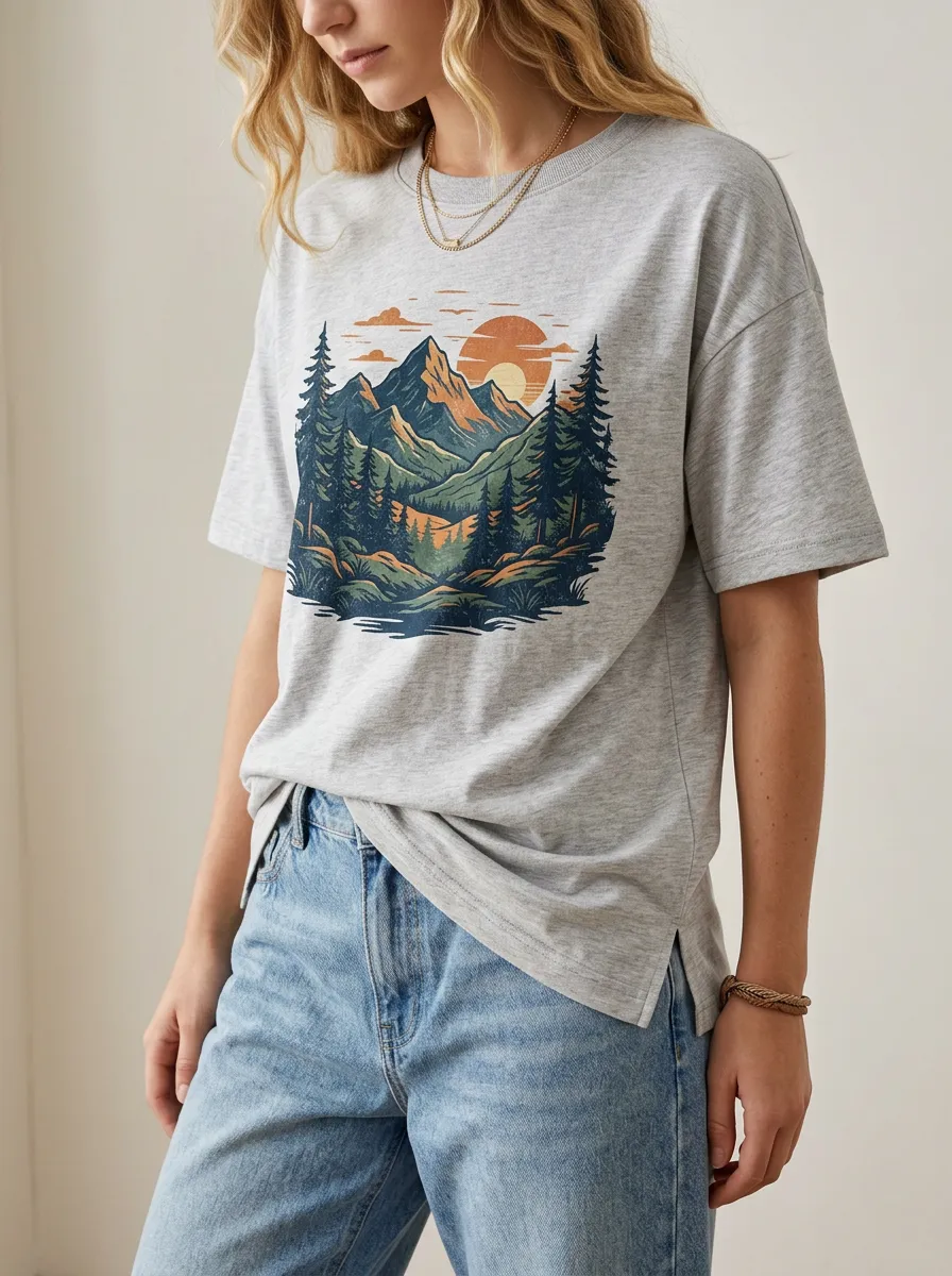 Women's Woodland Sunset Mountain Printed T-Shirt