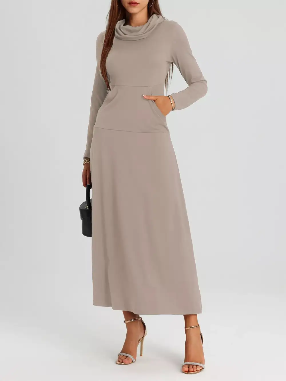 Cowl Neck Long Sleeve Midi Dress