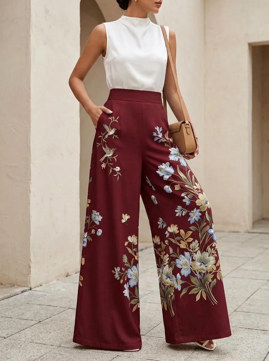 Women's Floral Bird Botanical Patterned High-Waisted Wide-Leg Pants