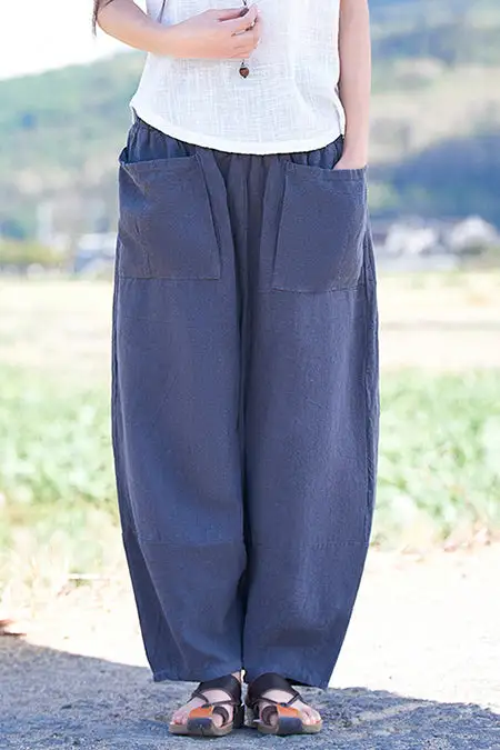Relaxed Linen Cotton Wide Leg Cropped Elastic Waist Pocketed Trousers