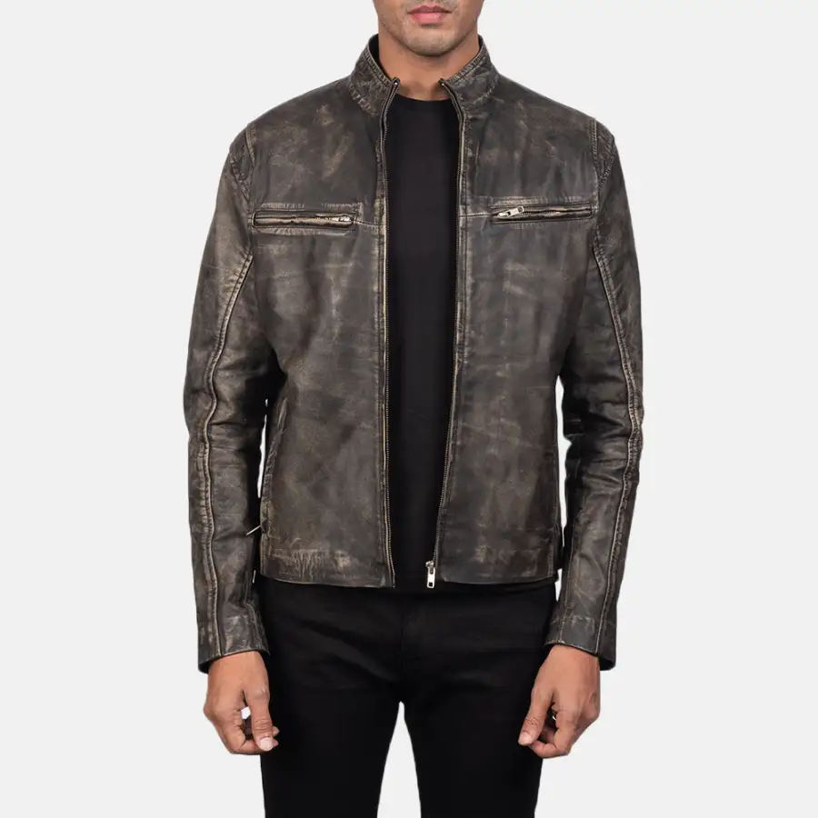 Men's Structured Biker Leather Distressed Jacket