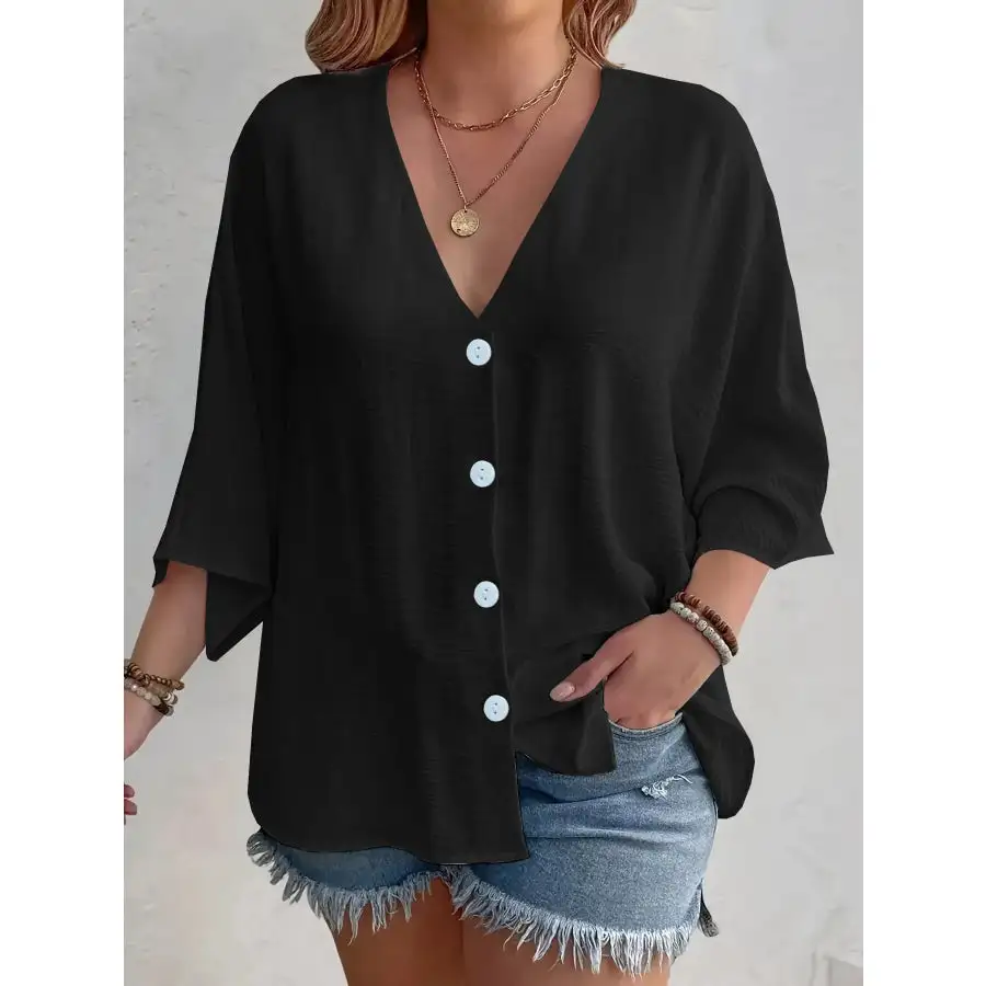 Full Size Casual V Neck Button Down Relaxed Fit Blouse Plus Size