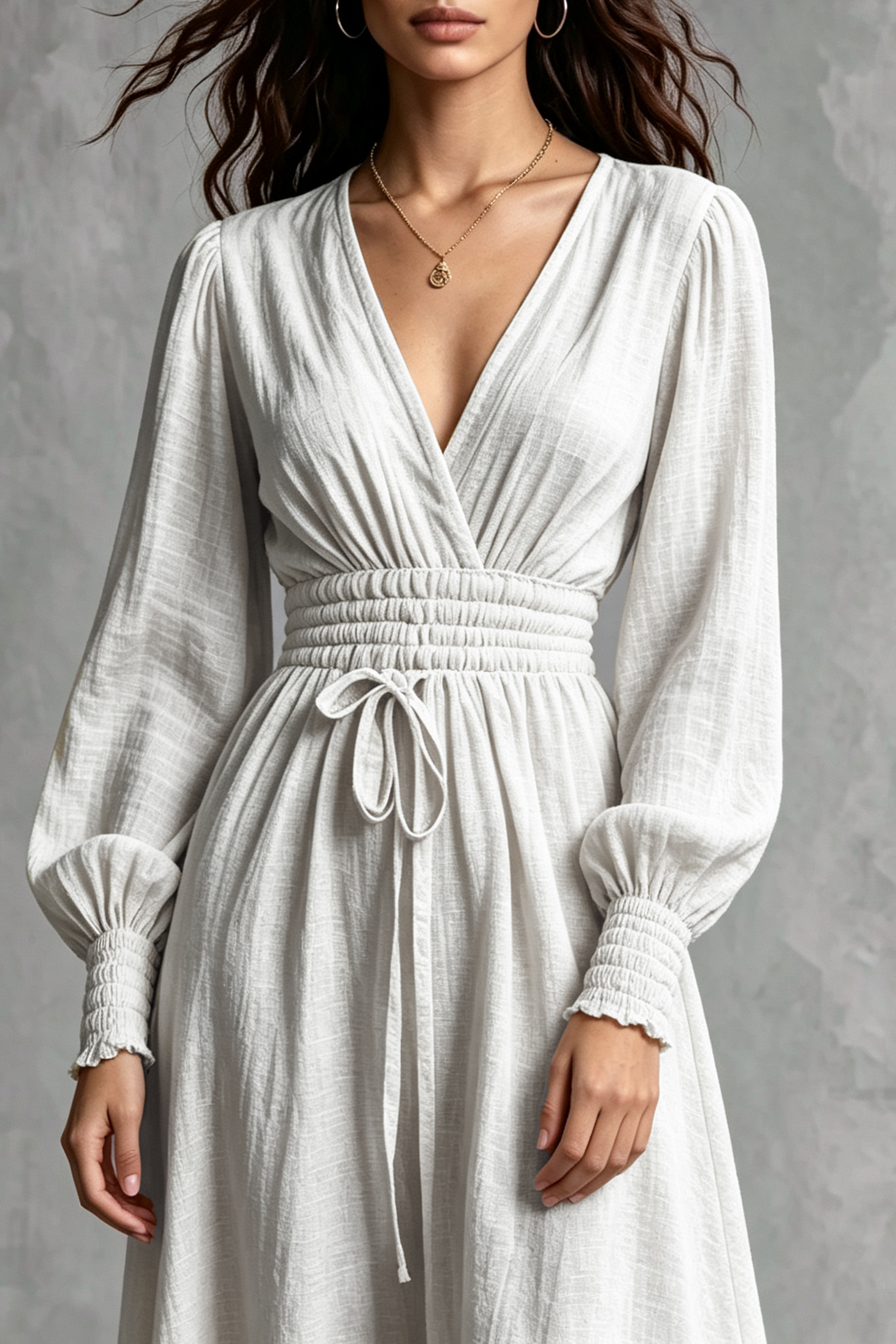 V Neck Ruched Tie Detail Maxi Dress