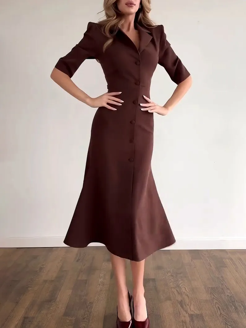 Elegant Single Breasted Shirt Midi Dress