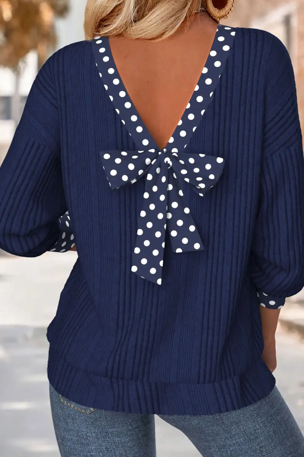 Polka Dot Deep V Neck Ribbed Relaxed Stretch Fabric Long Sleeve Top