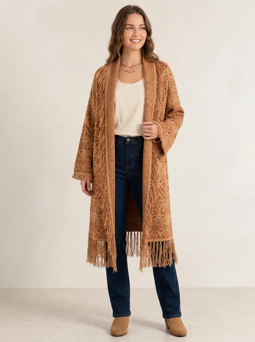 Women's Boho Aztec Pattern Fringed Printed Cardigan