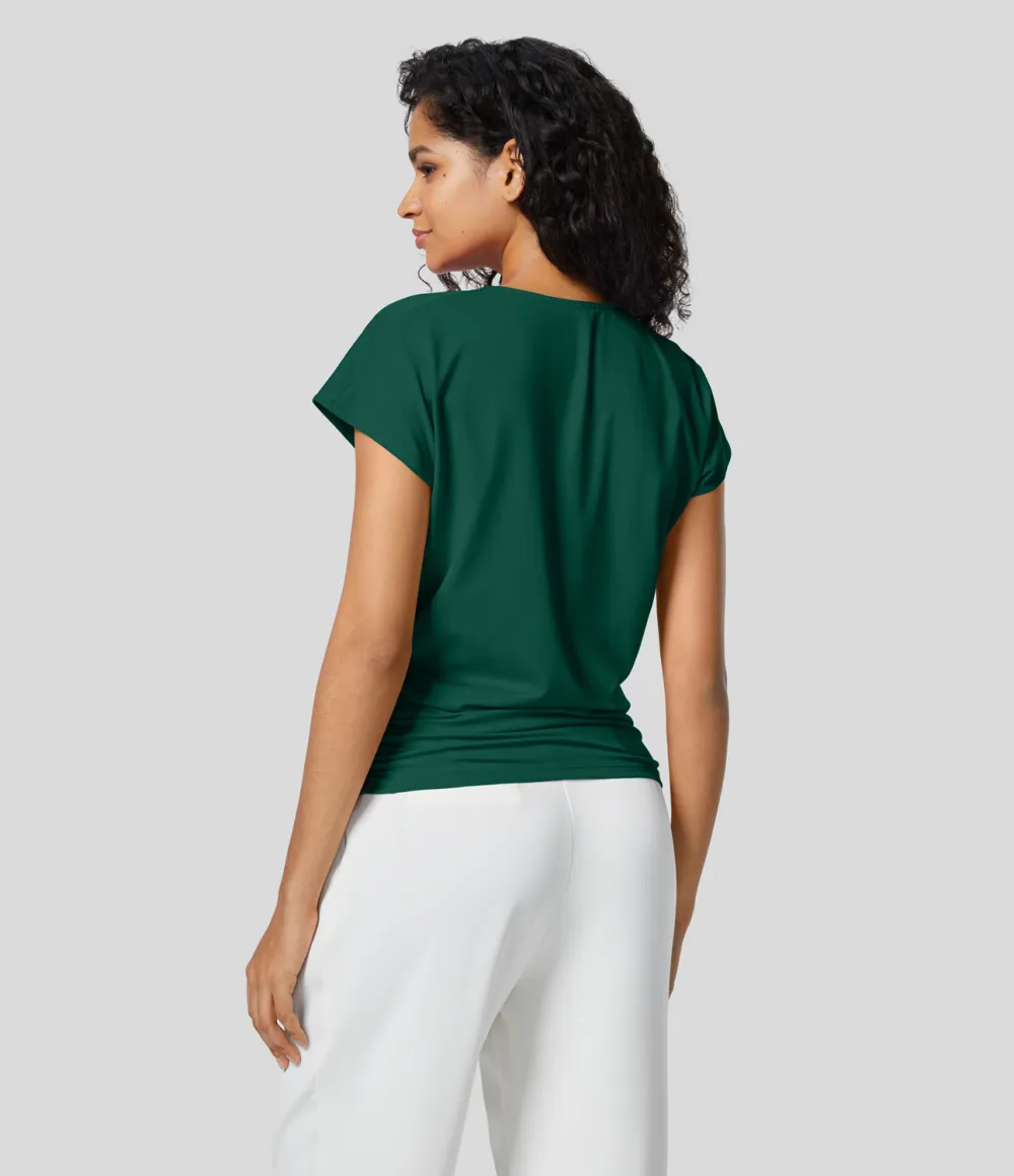 V Neck Cap Sleeve Crossover Ruched Solid Work Blouse