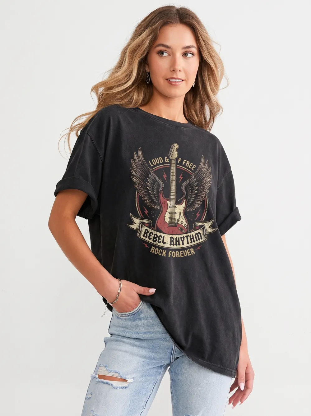 Women's Rock Music Lover Winged Guitar Rebel Rhythm Printed T-shirt