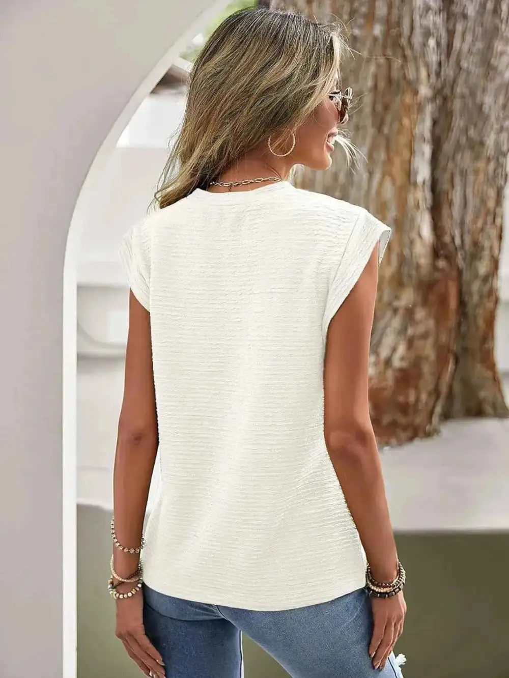 Textured Round Neck Cap Sleeve Top
