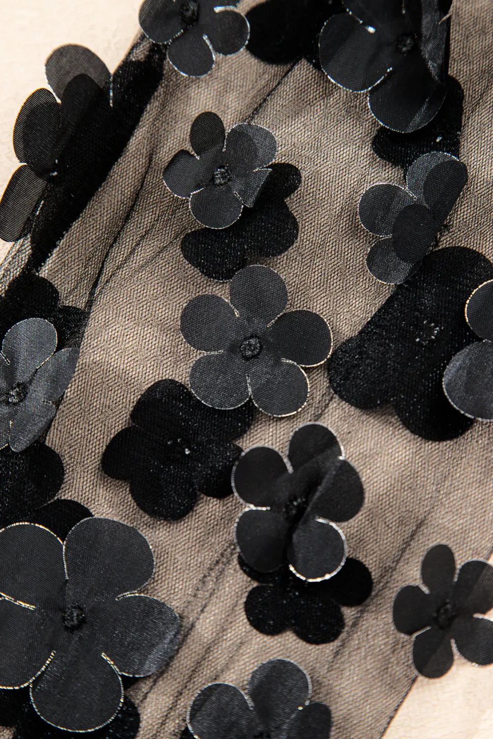 Black Flower Applique Mesh Long Sleeve Blouse