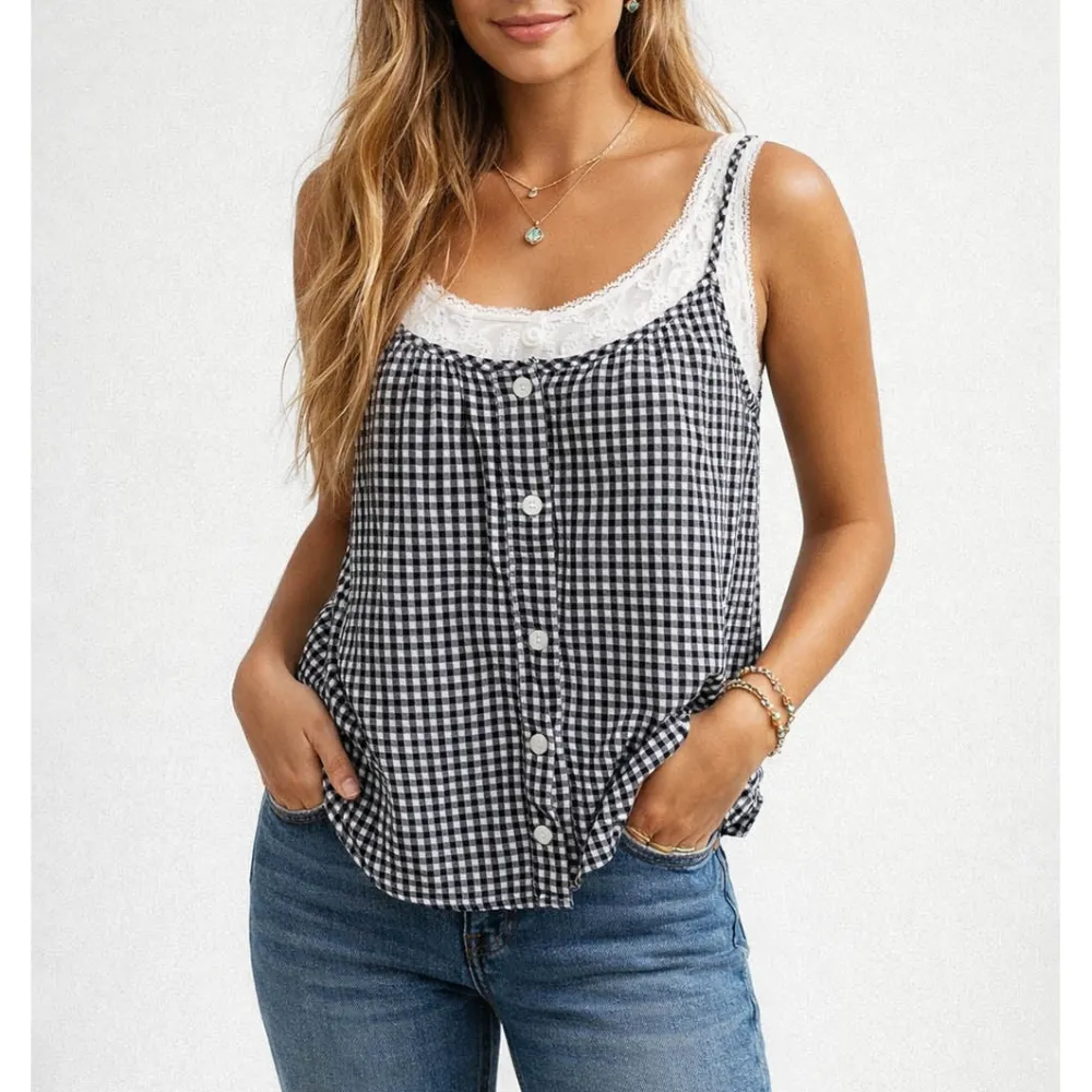 Checked Button Front Two Piece Sleeveless Cami Top