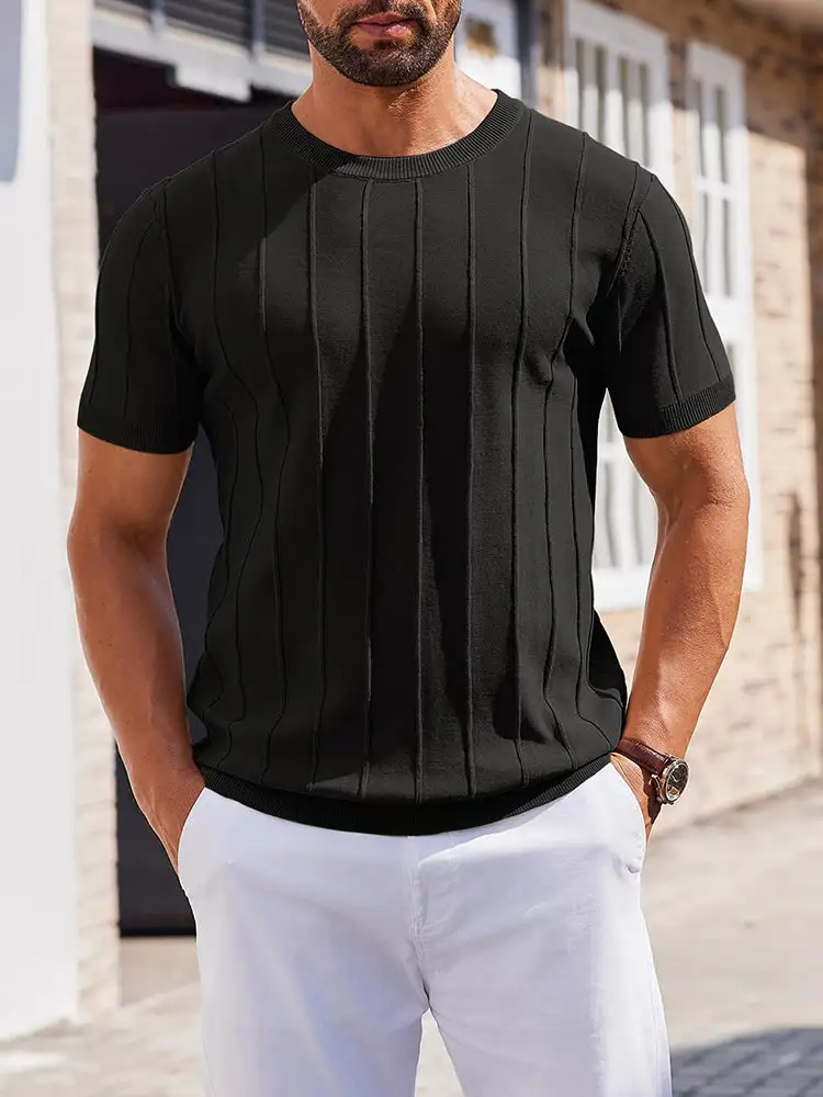 Casual Short Sleeve Shirt Ribbed Knit Pullover Tee