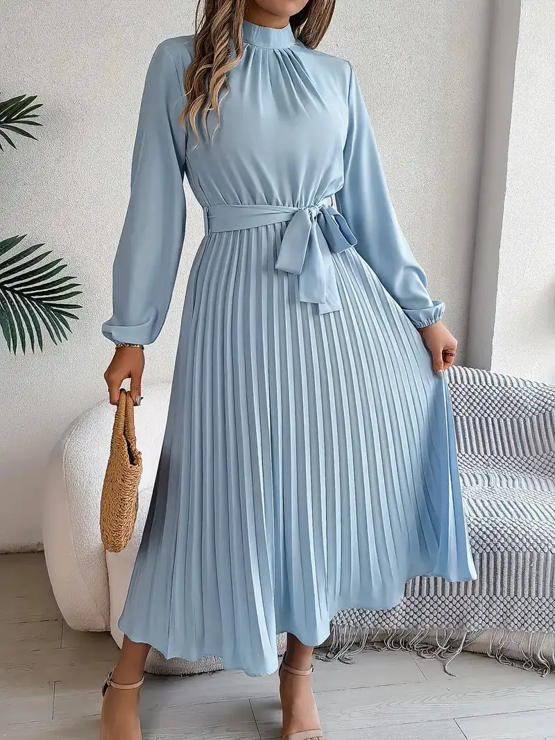  Long Sleeve Pleated Midi Dress
