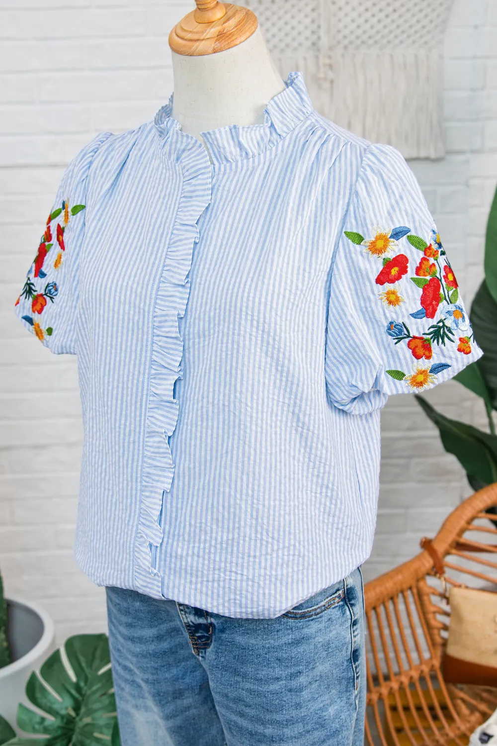 Sky Blue Stripe Floral Embroidered Shirt