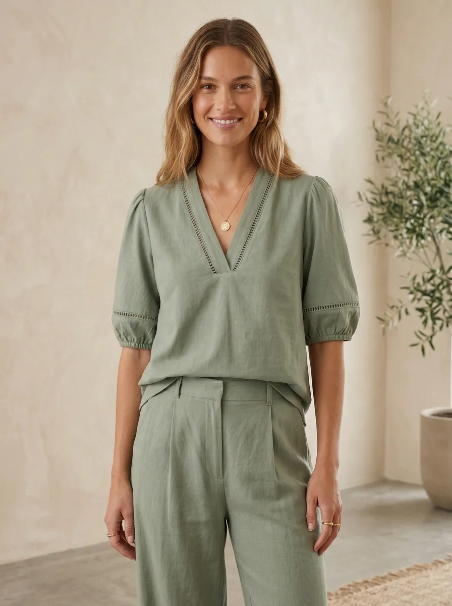 Short-Sleeve Puff-Sleeve Linen-Blend Women's V-Neck Casual Lounge Set