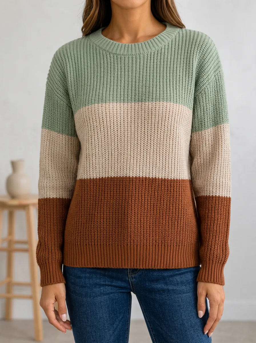 Round Neck Knitted Top with Stripe Pattern Panels and Soft Knit Texture