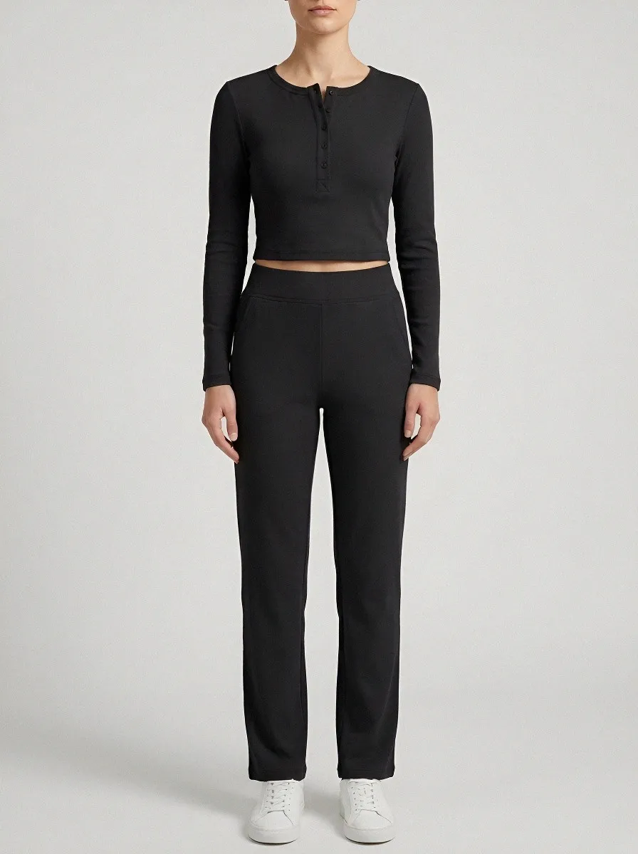 Women's Fine-Ribbed Henley Crop Top and Straight-Leg Pant Set