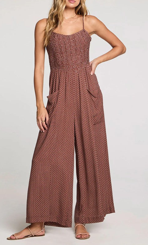 Brown Smocked Waist Wide Leg Jumpsuit