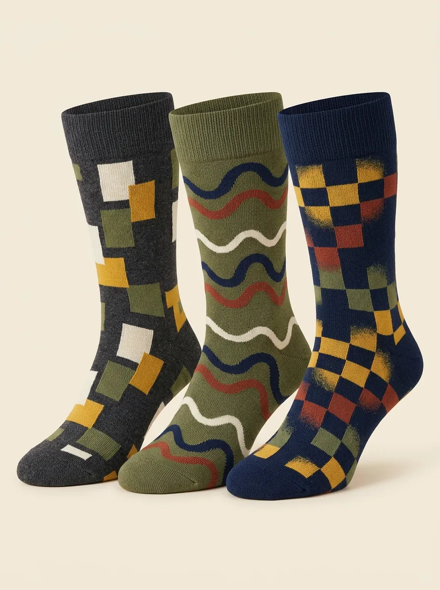 Men's Wave Pattern Checker Pattern Ribbed Crew Sock Set